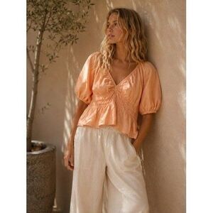 Old Navy Smocked Vee Blossom Petal Top Orange Puff Sleeve Peplum XL 704150-02